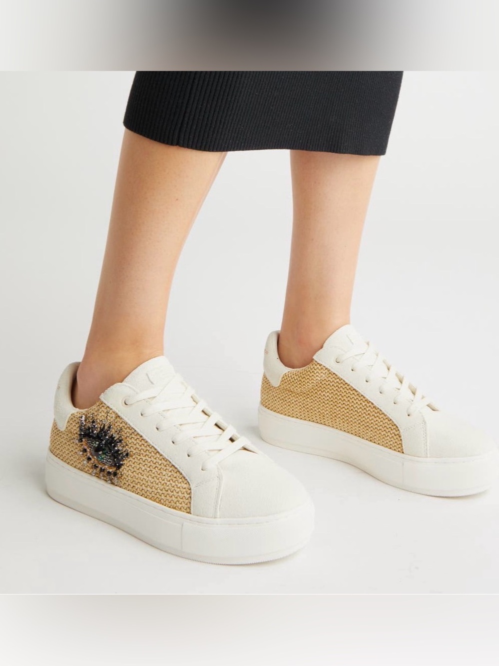 Kurt Geiger London Woven Straw Accent Low-Top Sneakers in Cream and Tan